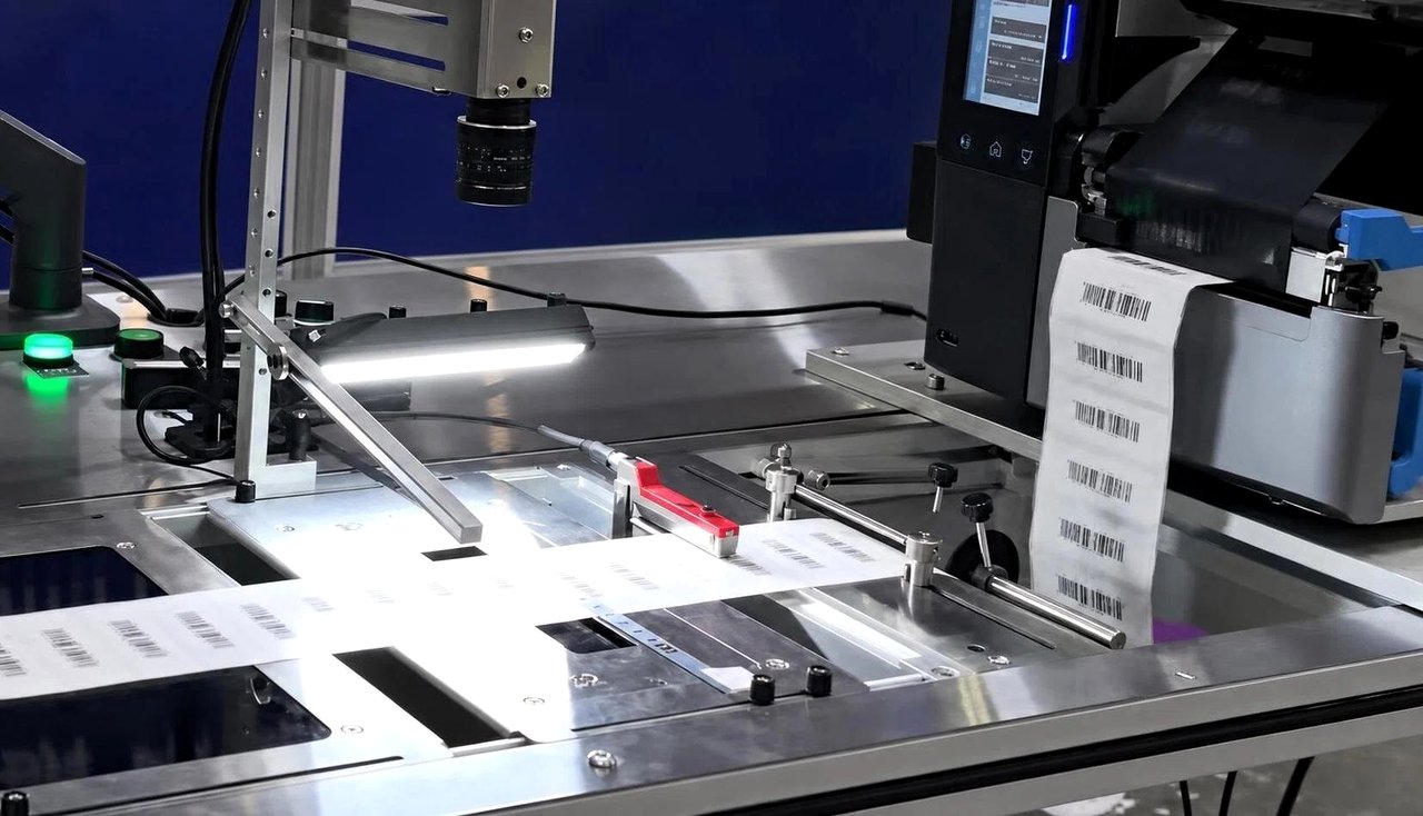 Inline vision-and-encoding line: barcode print, scan, and verify in real time